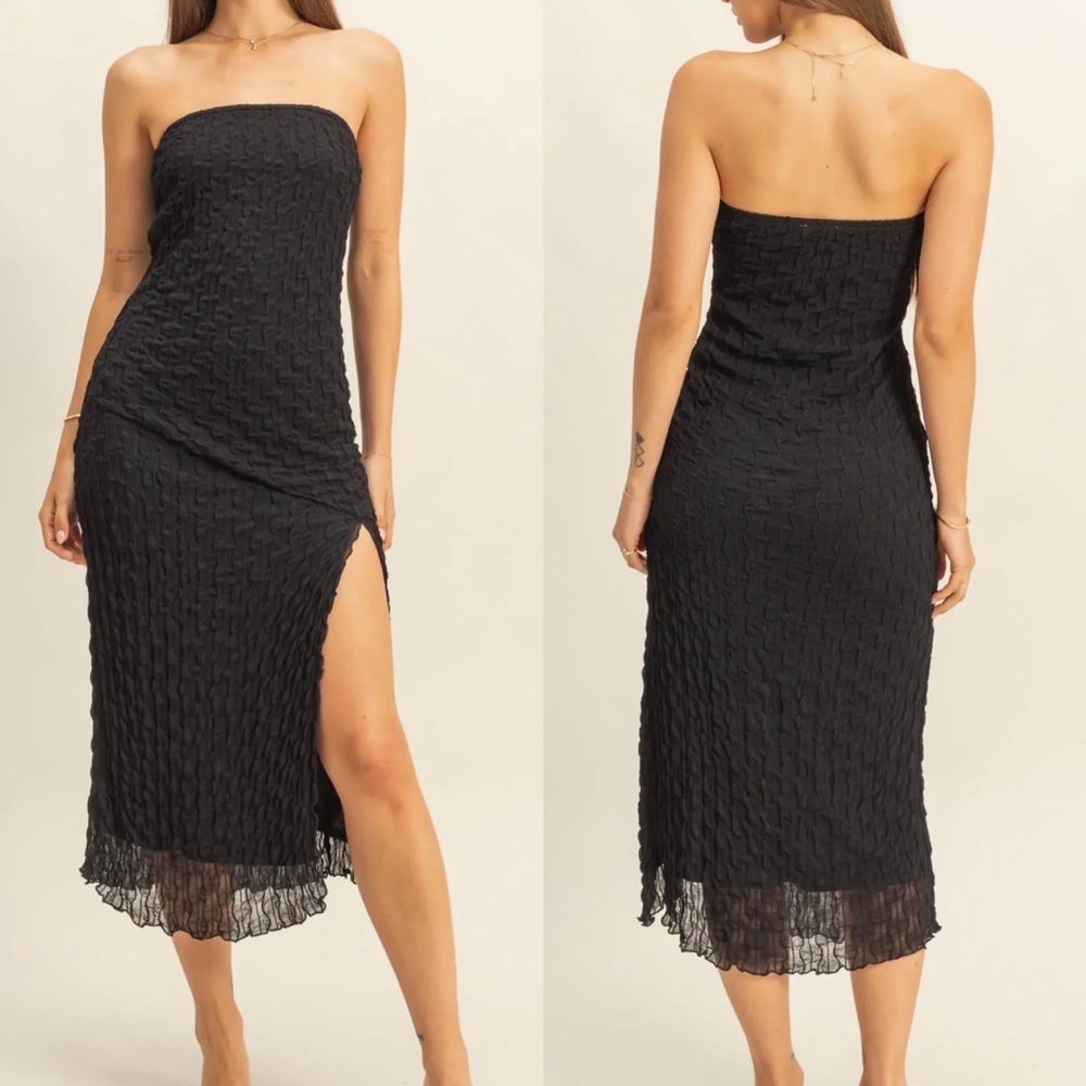 NEW HYFVE Black Strapless Textured Lace Midi Sheath Dress Side Slit Size Small